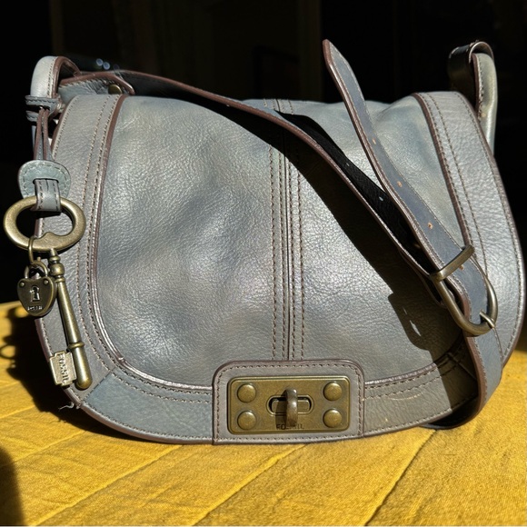 Fossil Handbags - Vintage Fossil bag, blue-gray distressed leather, large brass lock & key charm